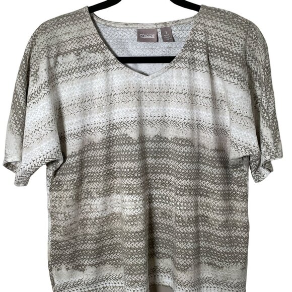 Chico’s Brown White Striped V Neck Short Sleeve Top Size 1 Medium Casual Fall - Picture 2 of 10